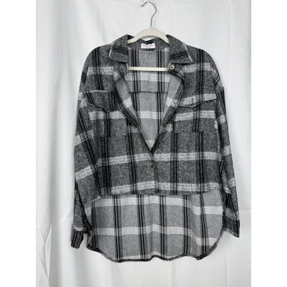 Butter Melon Womens Plaid High-Low Button Down Top Sm Gray Black Flannel Shacket - Picture 1 of 8
